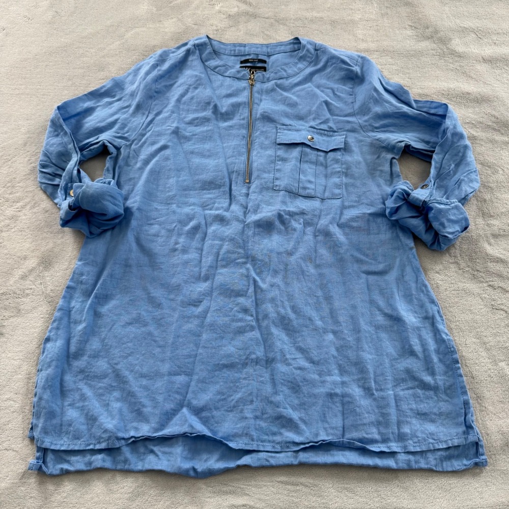 Jones New York JNY Blue 100% Linen Quarter Zip Roll Tab Tunic Blouse Medium